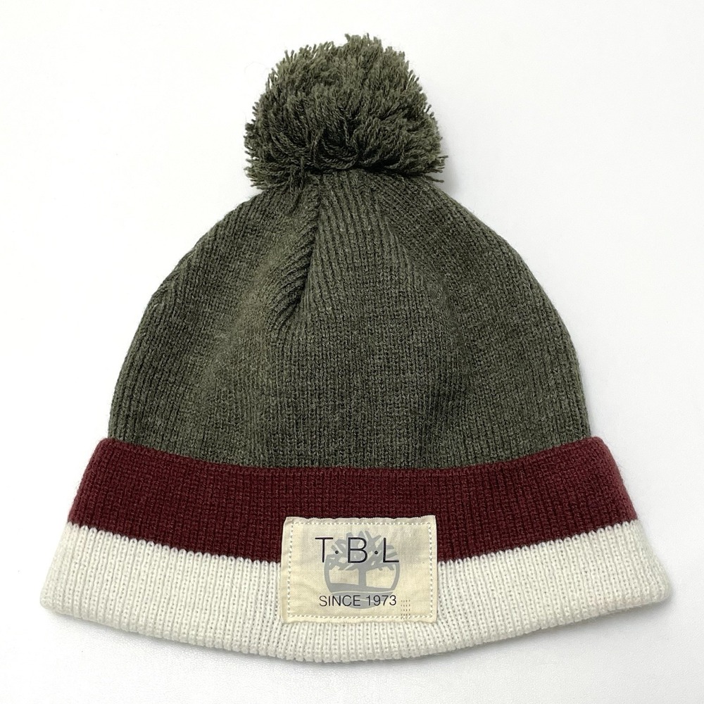Timberland‎ Logo Beanie Hat T.B.L. Since 1973 Pom Pom  Gray Red White TBL